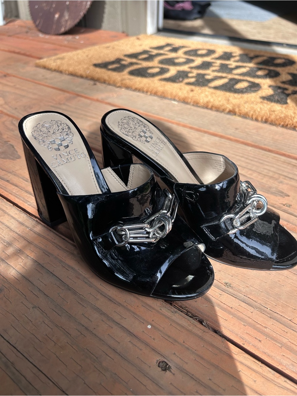 Vince Camuto Black Patent Block Heel Mules with Silver Chain